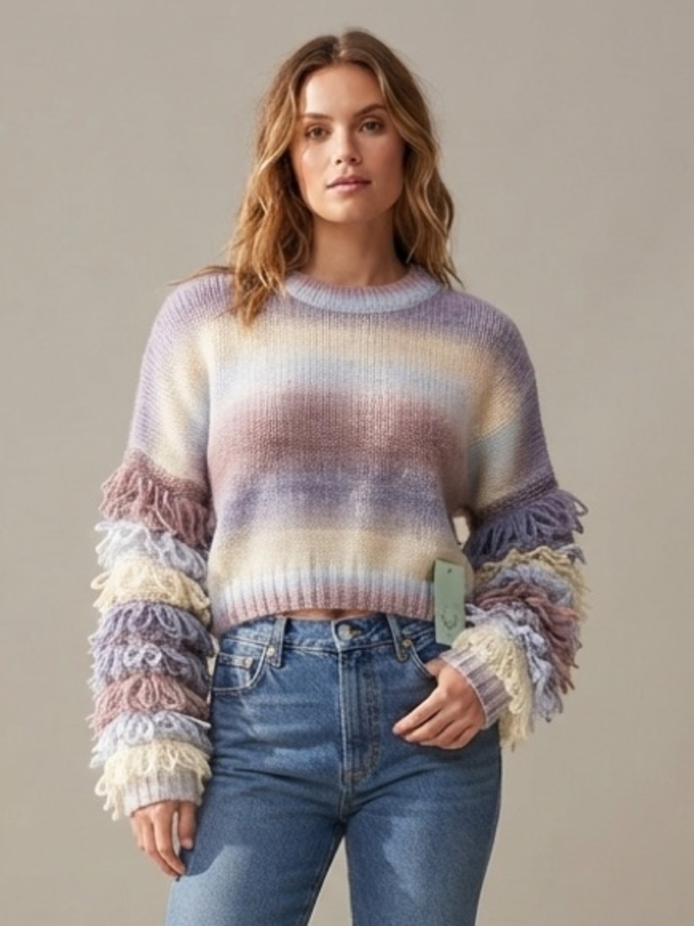 Fantastic Fawn Gradient Knit Crop Sweater Fringe Bell Sleeve NWT S Pastel